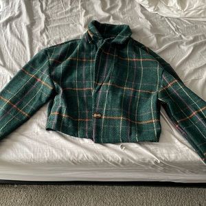 Wool textured green plaid crop top coat